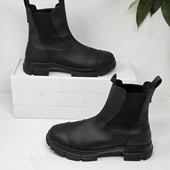 Ganni Recycled Rubber City Chelsea Boots Size 41 US 11 Womens Black Rainboots - Picture 1 of 13